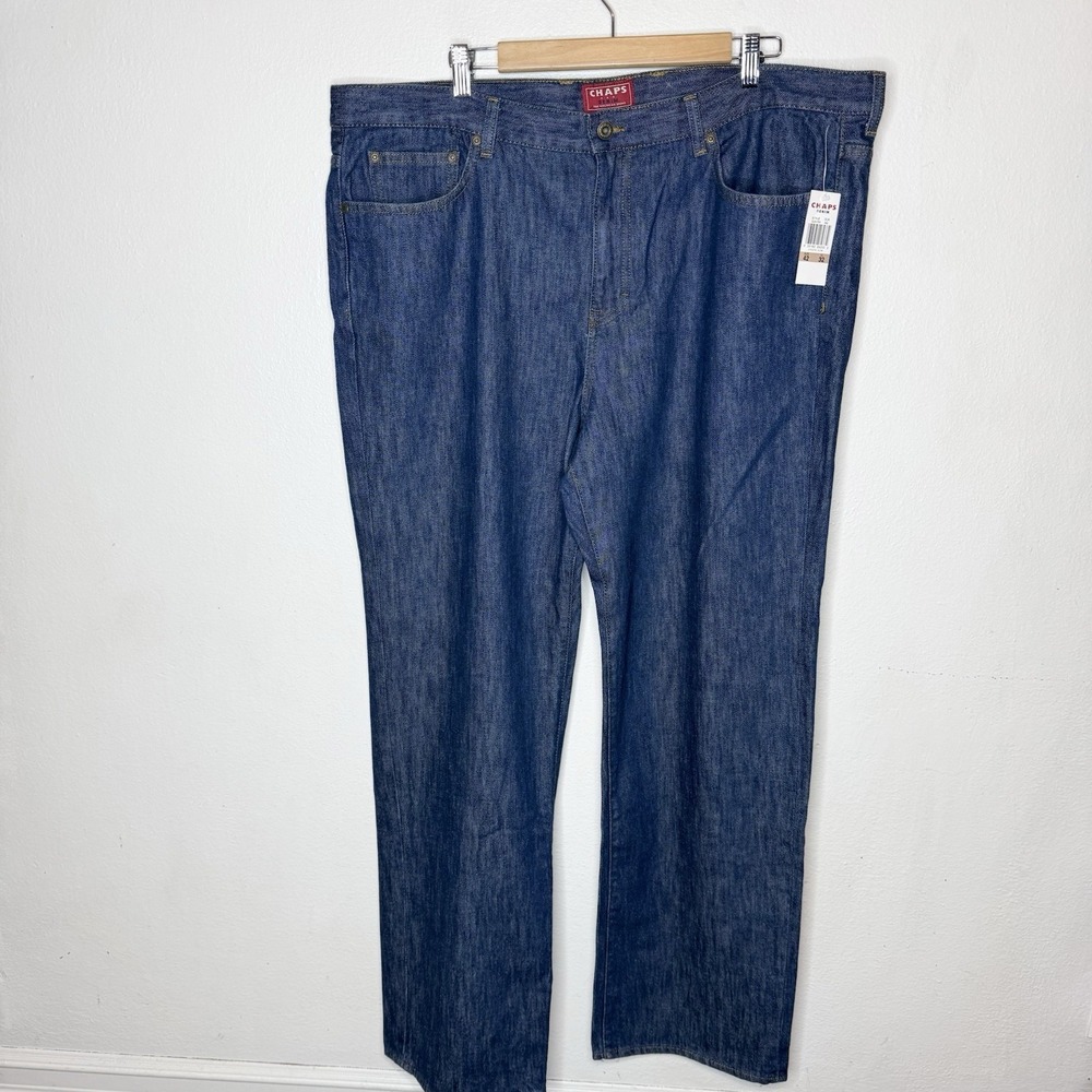 New Chaps Denim Blue Dark Wash Straight Fit Jeans Men's 42x32‎ Cotton 5 Pocket